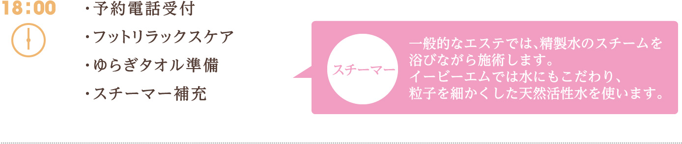 18:00　1 予約電話受付　2 フットリラックスケア　3 ゆらぎタオル準備　4 スチーマー補充　5 フットリラックスケア