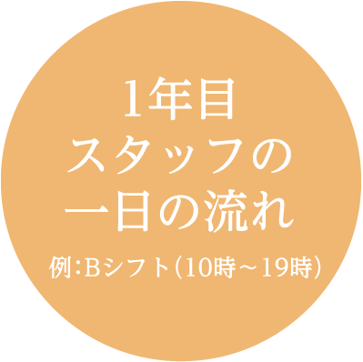 1年目スタッフの一日の流れ 例：Bシフト（10時〜19時）